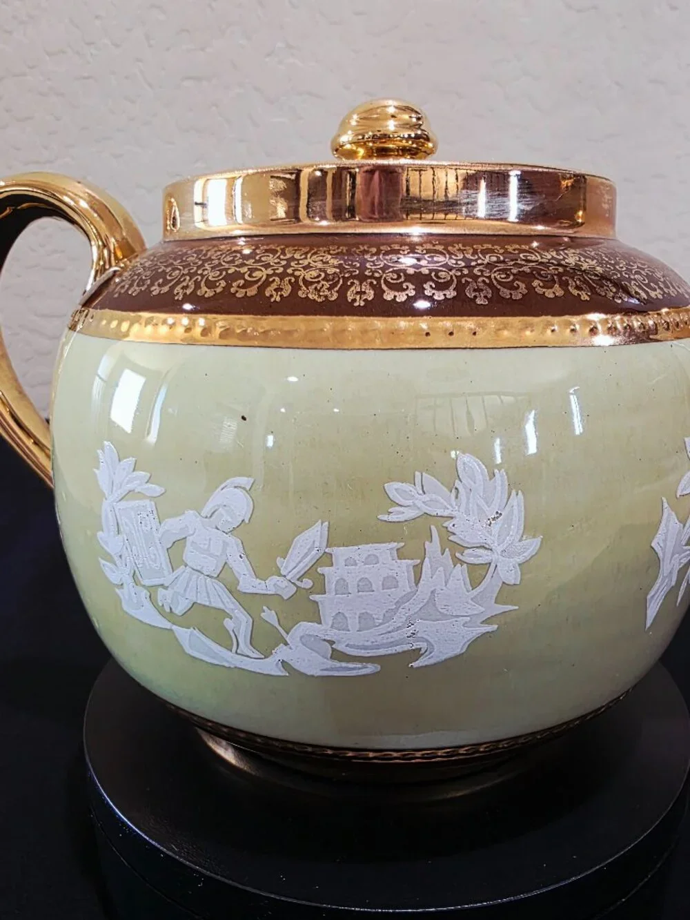 Vintage Teapot SUDLOW'S BURSLEM ENGLAND Green Gold Greek Mythology Porcleain